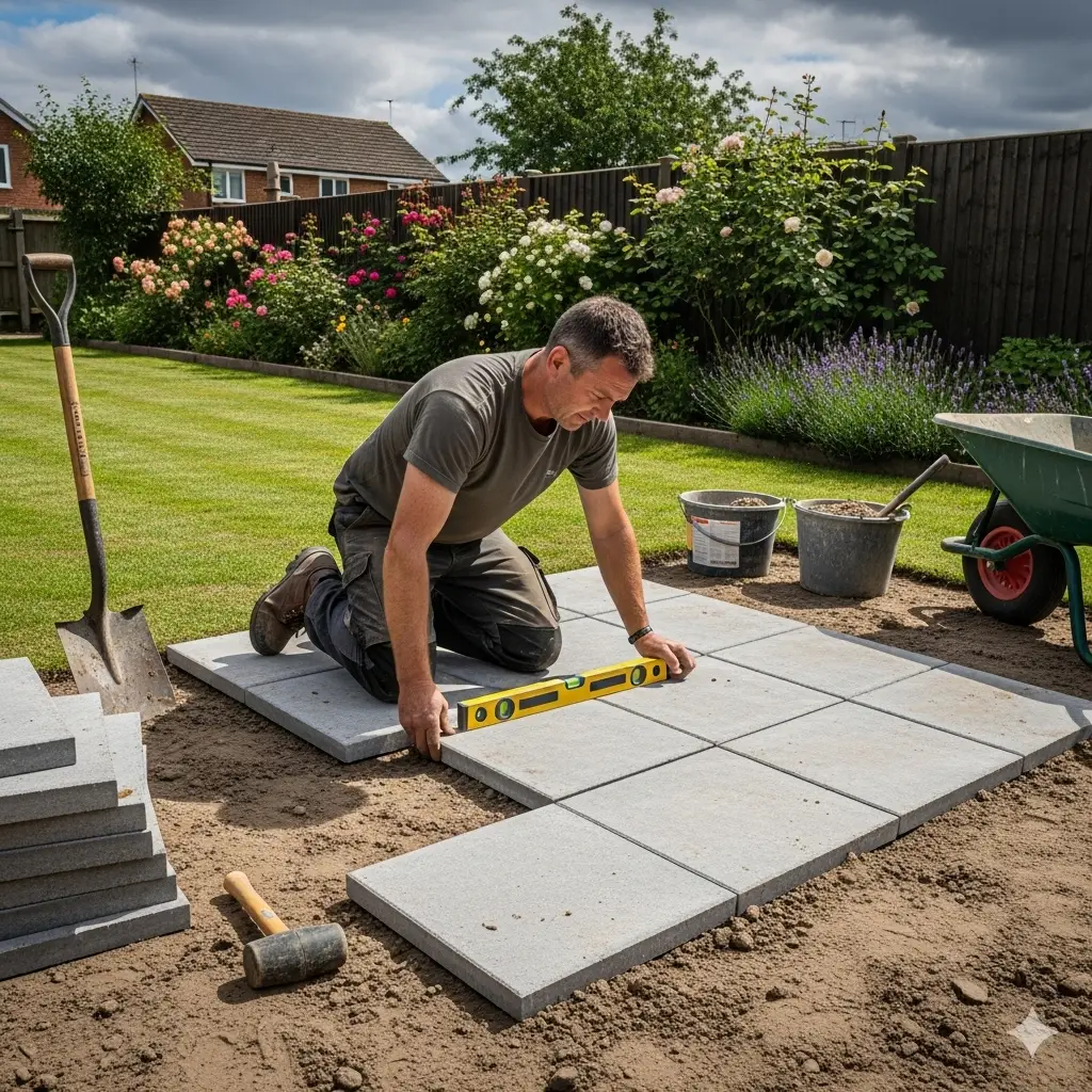 man laying slabs on soil 