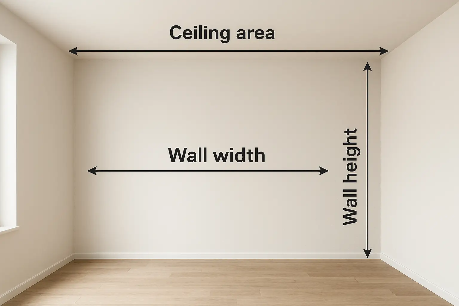 Room paint diagram showing wall width, height, and ceiling area